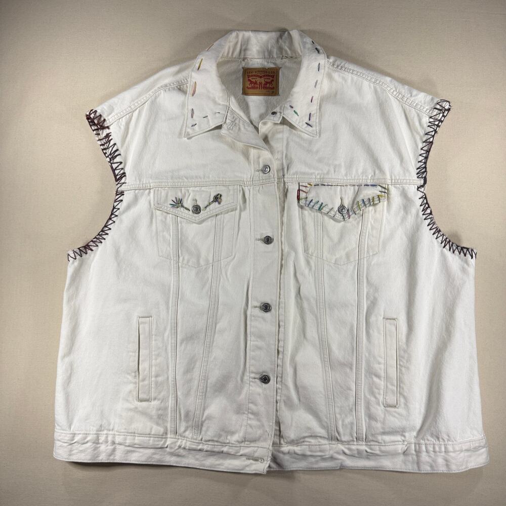 Vintage Levis White Denim Vest Size 3X Embroidered Whipstitch Cutoff Sleeveless